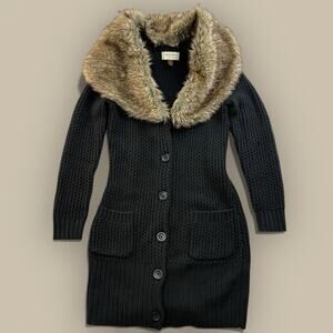 Vtg Y2K Black Chunky Knit Long Cardigan Faux Fur Collar Button Up Medium Sonoma